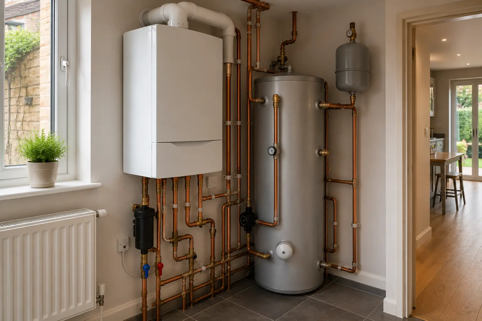 Domestic gas boiler and pipework installation in a home