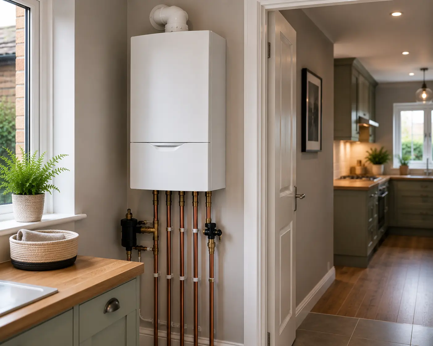 Gas boiler with pipework in a contemporary kitchen setting