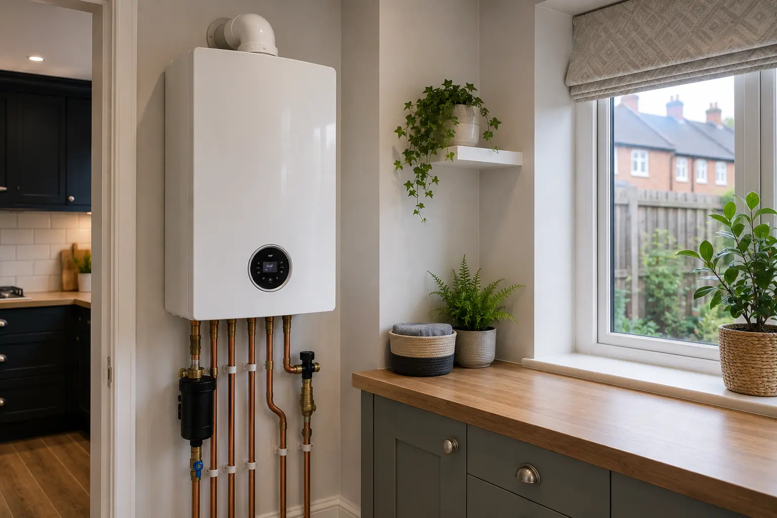 Modern gas boiler with copper pipework in a kitchen setting