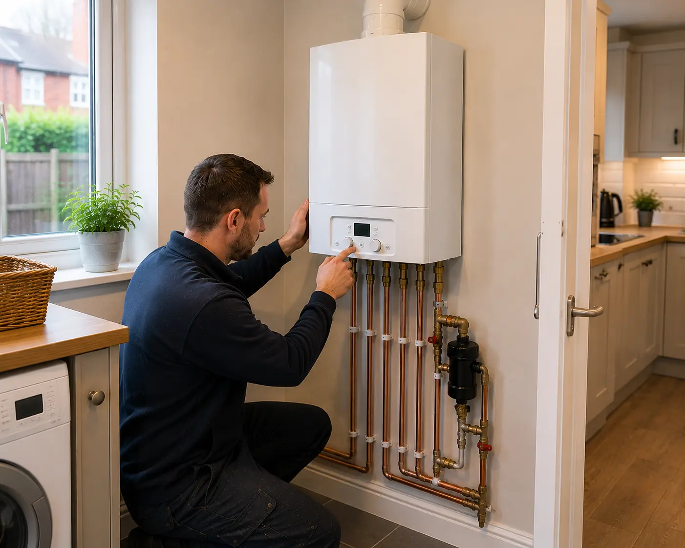 A commercial gas engineer working on a boiler in a kitchen.