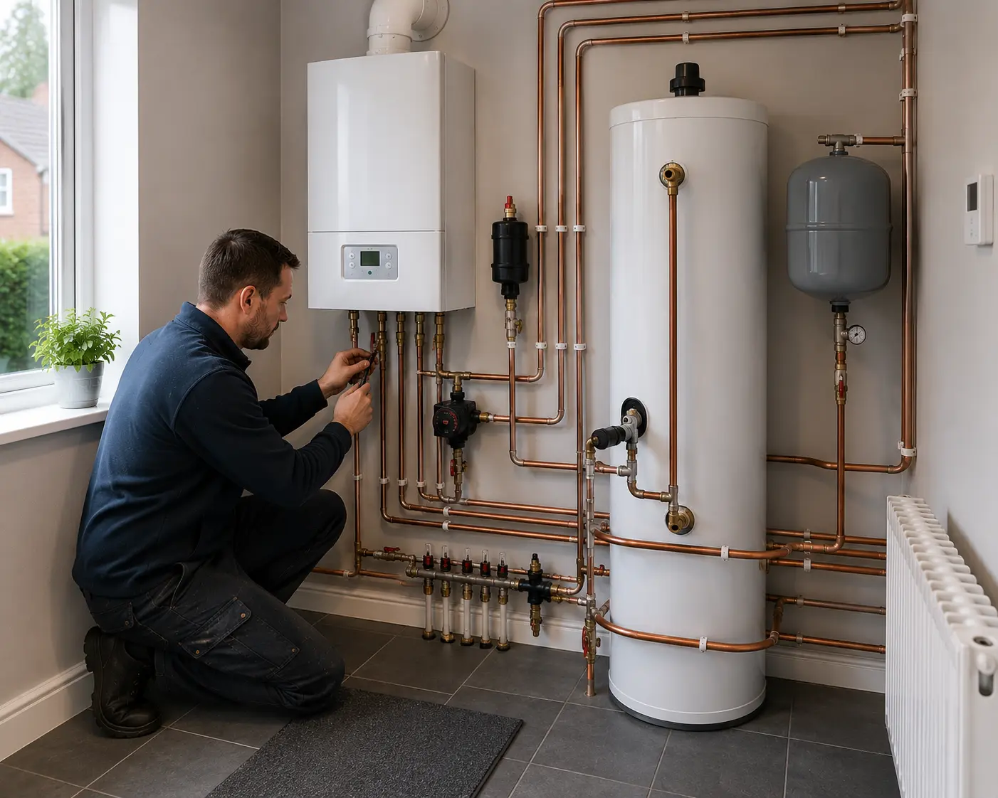 Gas engineer inspecting pipework and boiler installation in a kitchen.