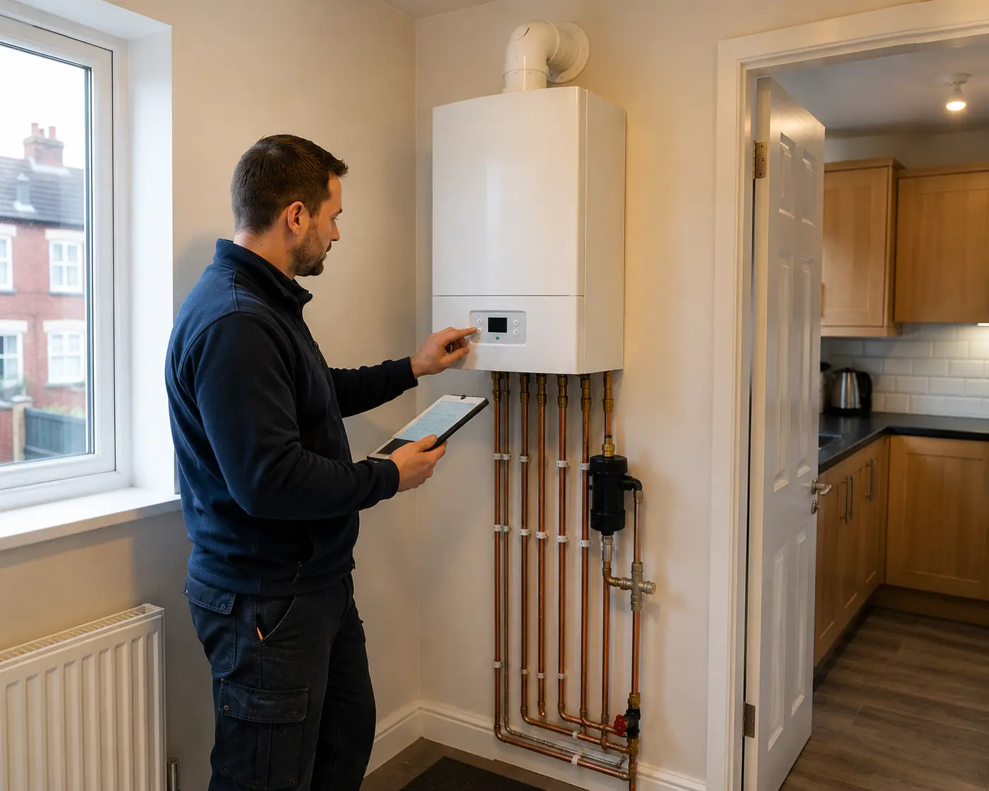 Gas engineer adjusting boiler settings in a domestic kitchen