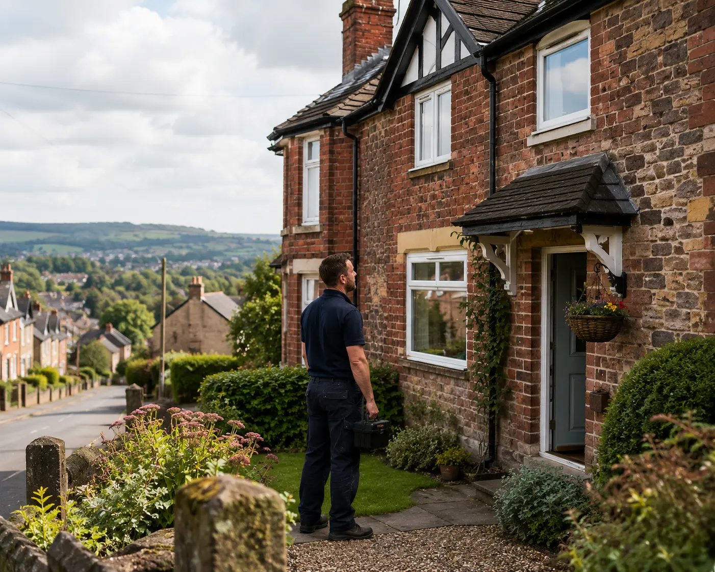 Commercial gas engineer inspecting a residential property exterior
