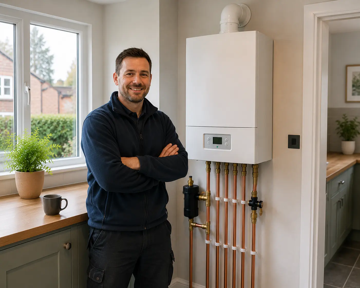 Commercial gas engineer stands by a newly installed boiler.