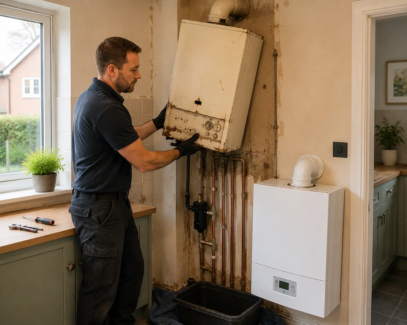 Gas engineer inspecting gas appliances in a kitchen setting