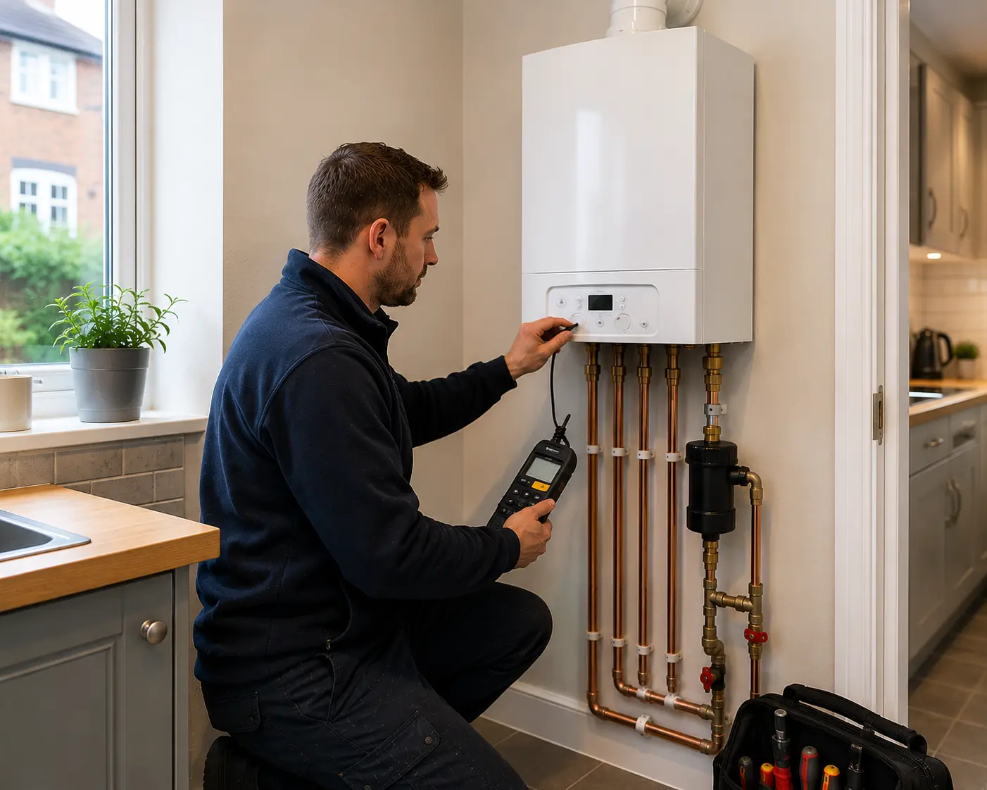 Commercial gas engineer servicing a boiler in a modern kitchen