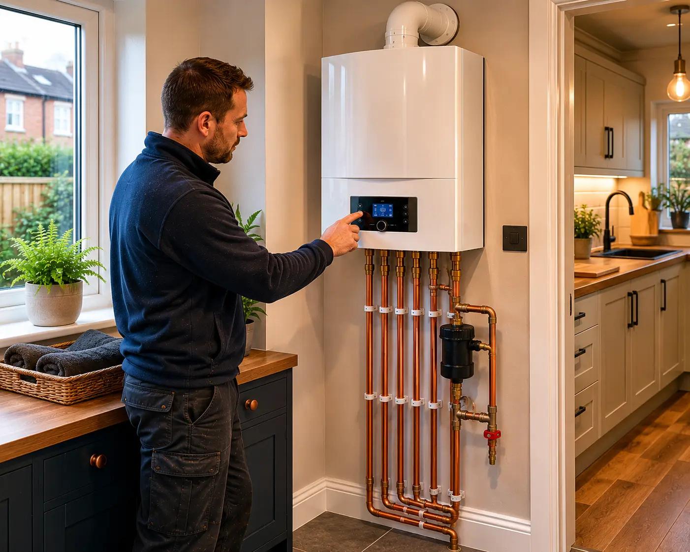 Commercial gas engineer operating a boiler in a modern kitchen