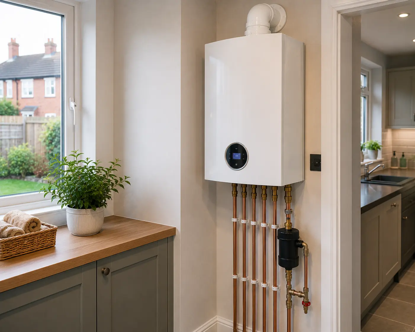 Contemporary gas boiler with copper pipework in a kitchen.