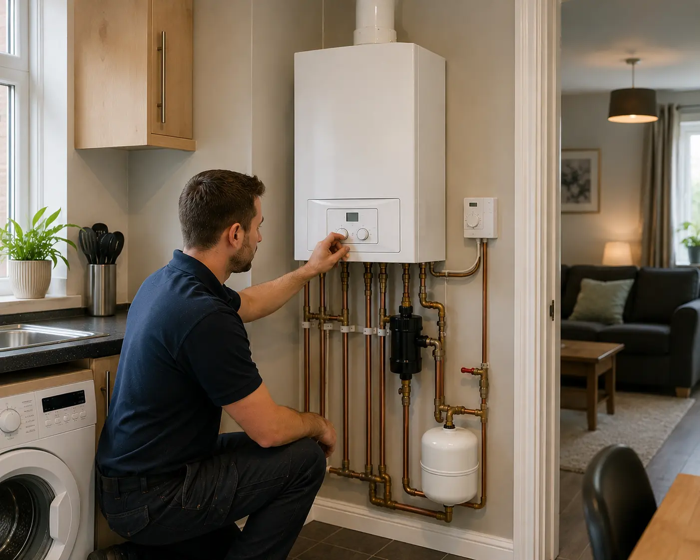 Commercial gas engineer working on a boiler in a domestic setting