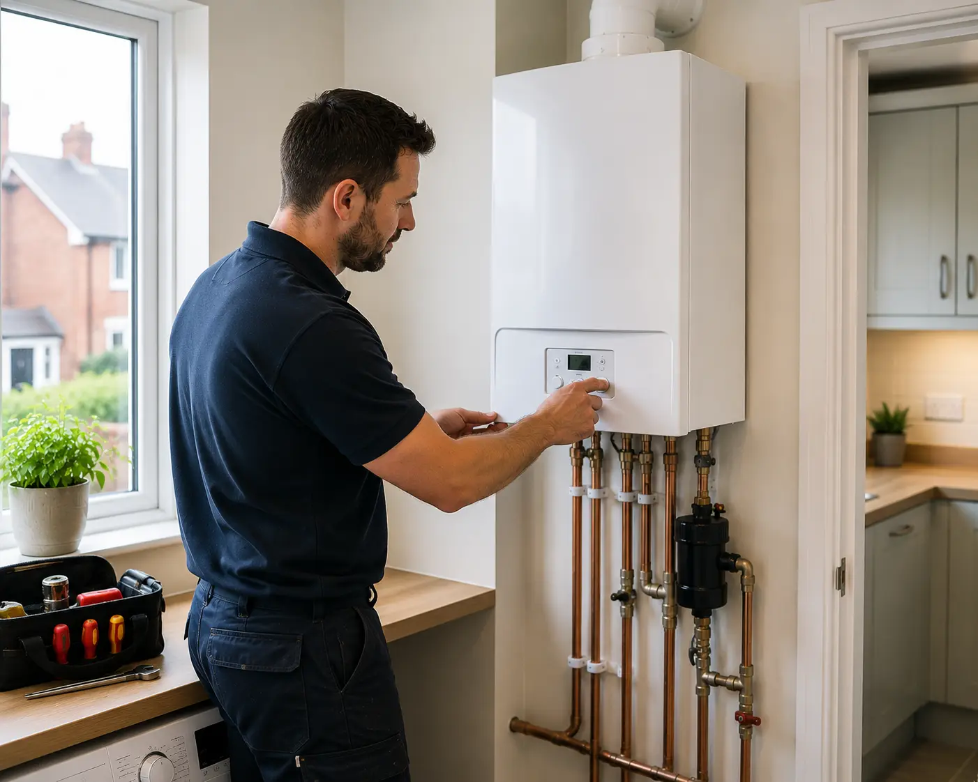 Gas engineer adjusting the settings on a boiler in a kitchen.