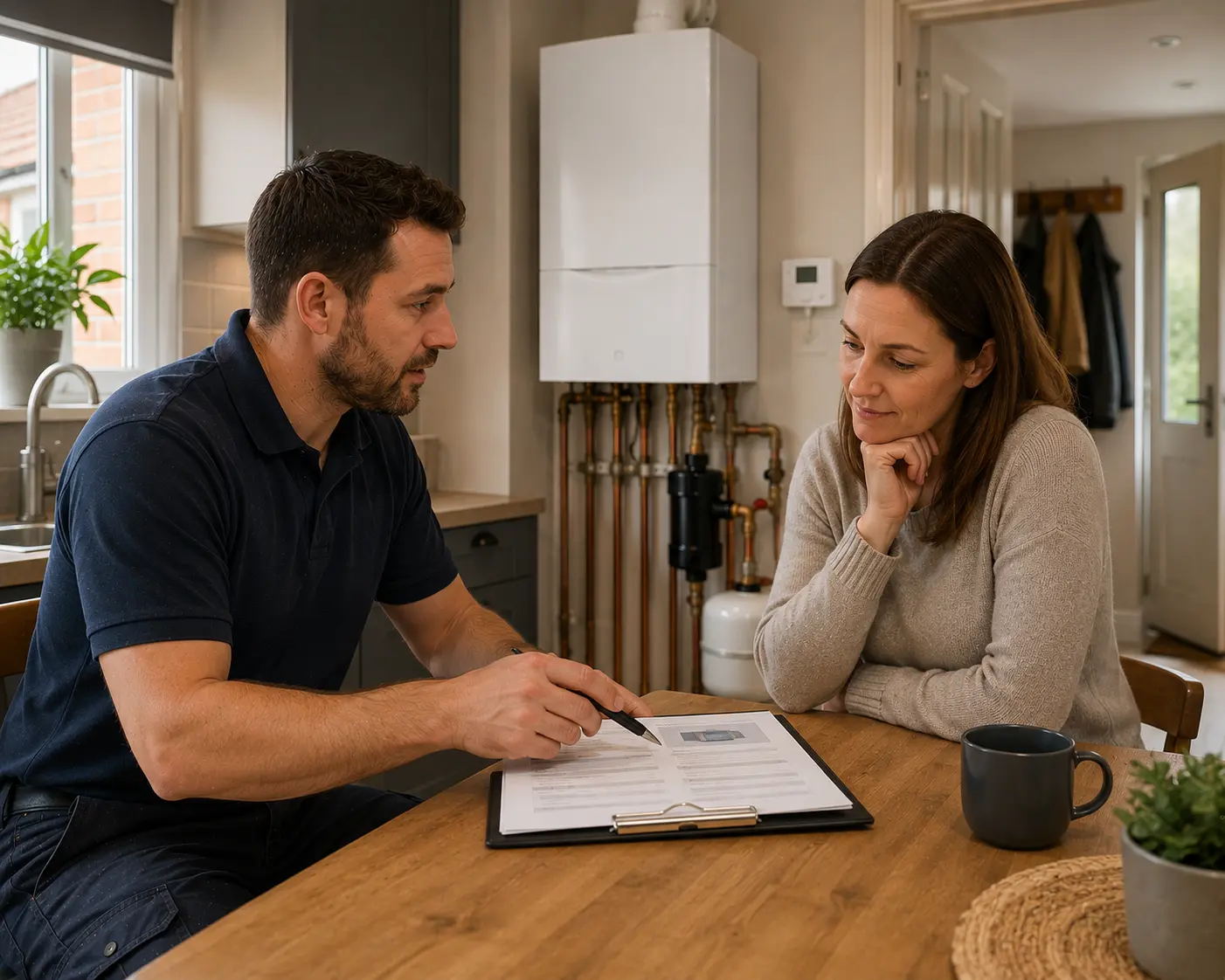 Commercial gas engineer discussing service options with a client.