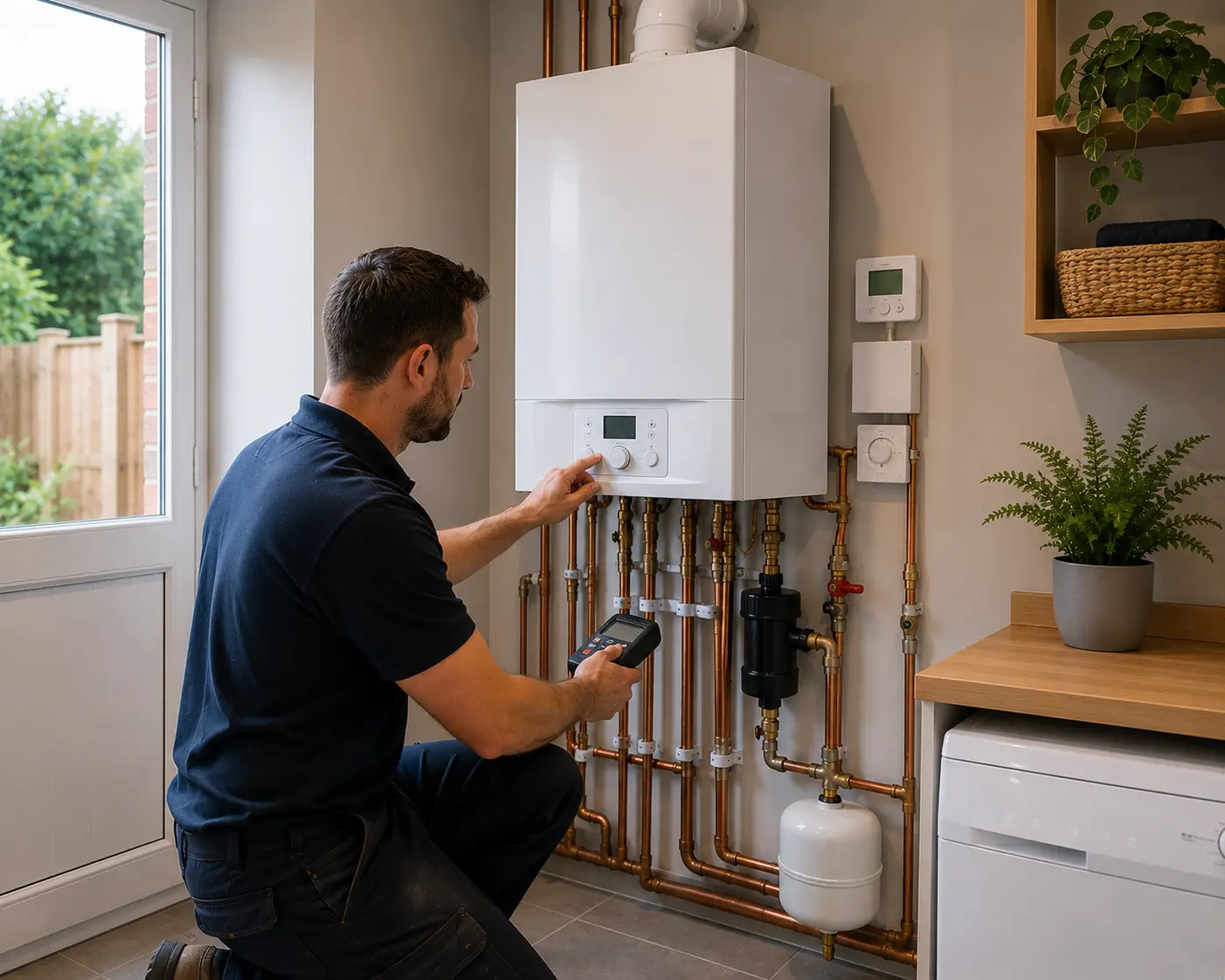 Gas engineer checking controls on a residential boiler setup