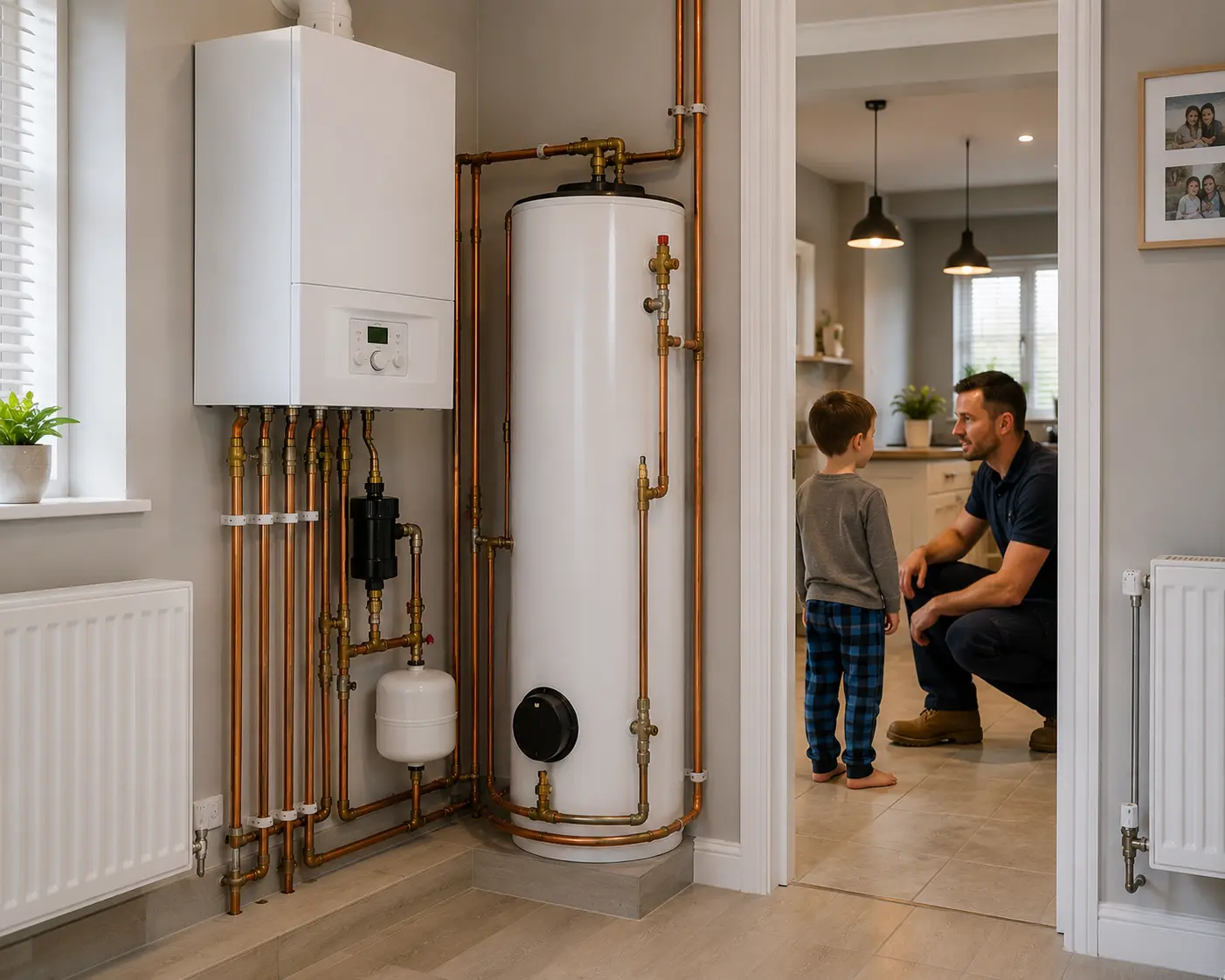 Commercial gas engineer discussing safety with a child