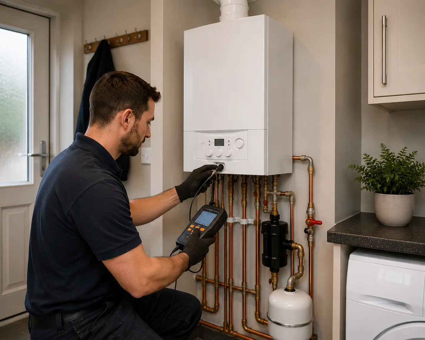 Commercial gas engineer inspecting a boiler with a testing device