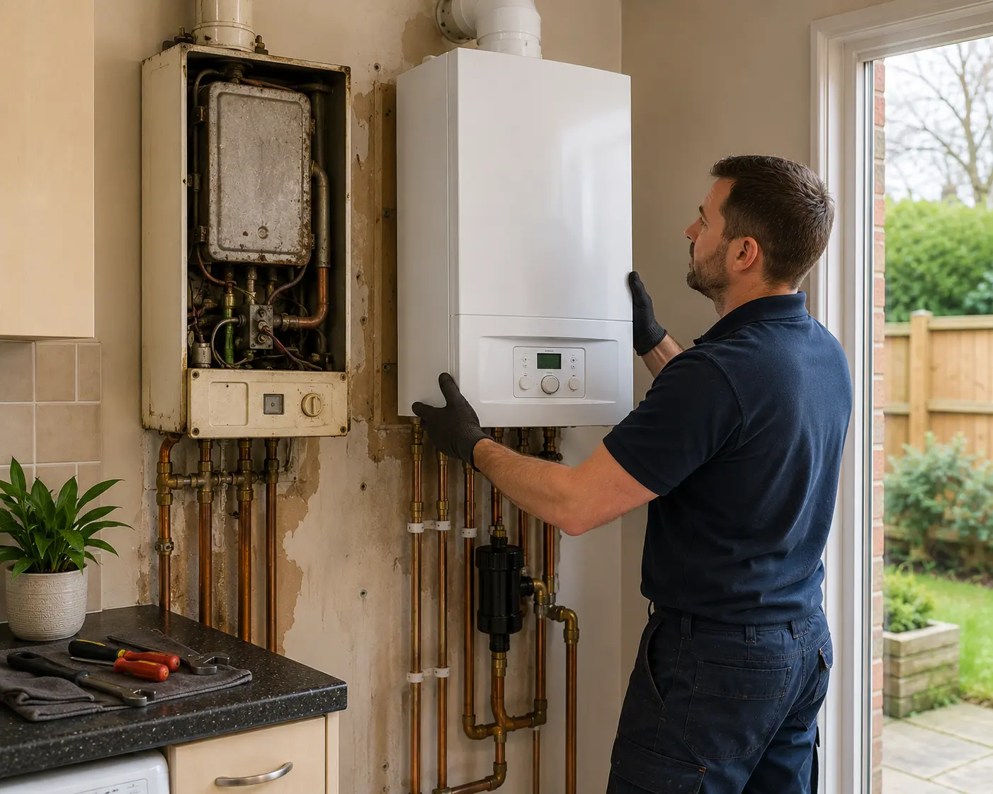 A commercial gas engineer working on a boiler installation.