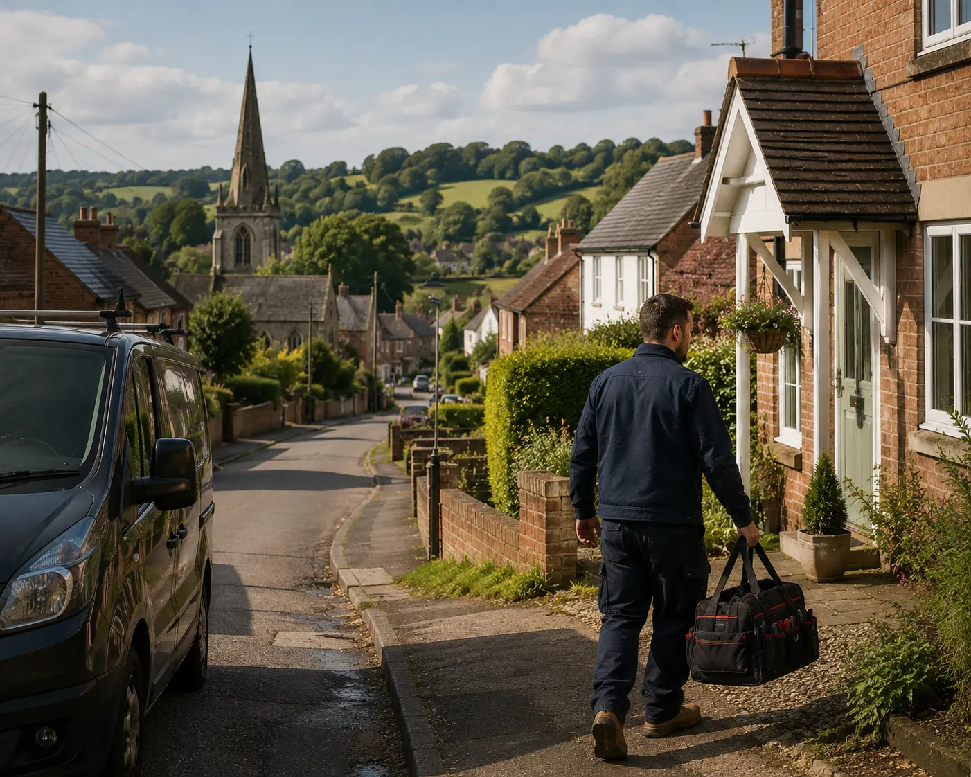 Gas engineer walking towards a residential home with a tool bag