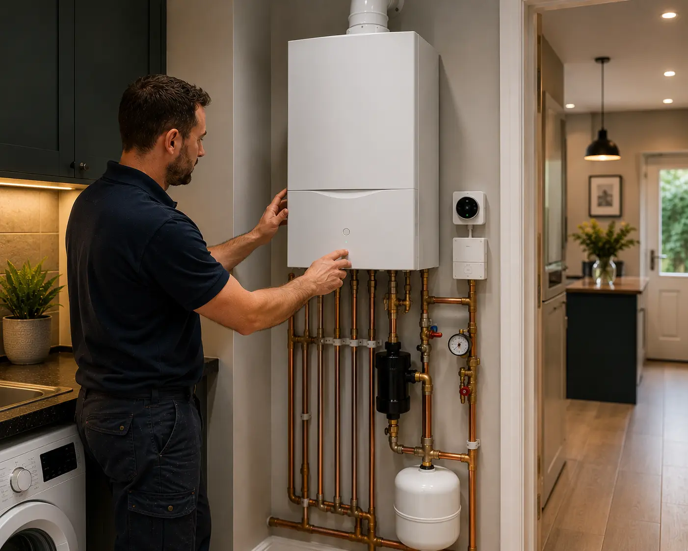 A commercial gas engineer checking a boiler installation in a kitchen.