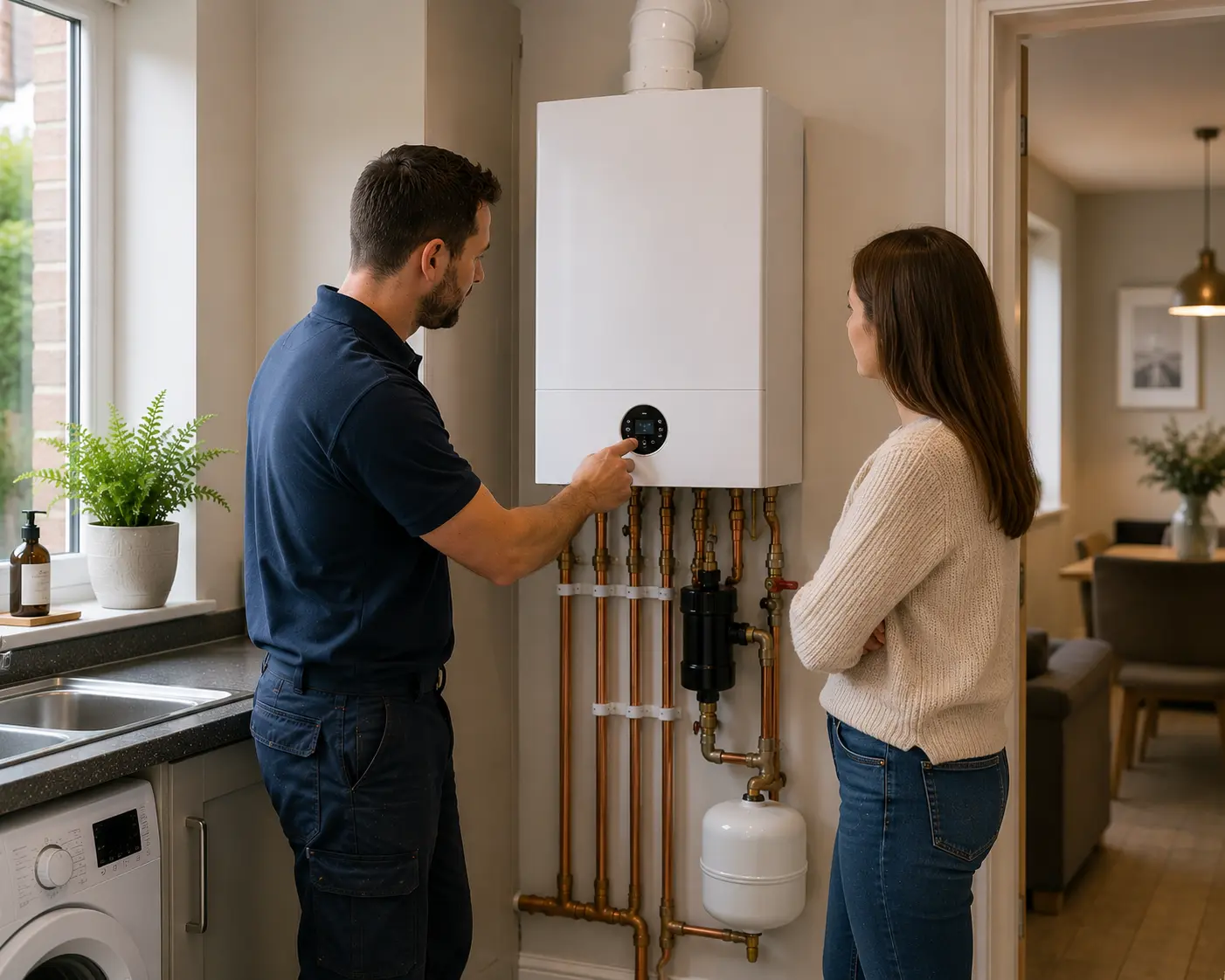 Commercial gas engineer explaining boiler settings to a homeowner