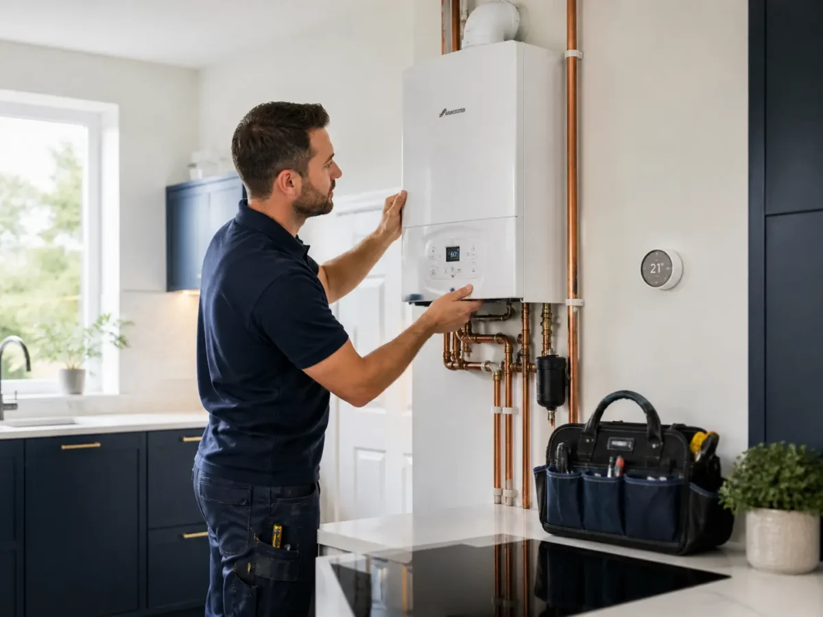 A commercial gas engineer inspecting a gas boiler in a kitchen.