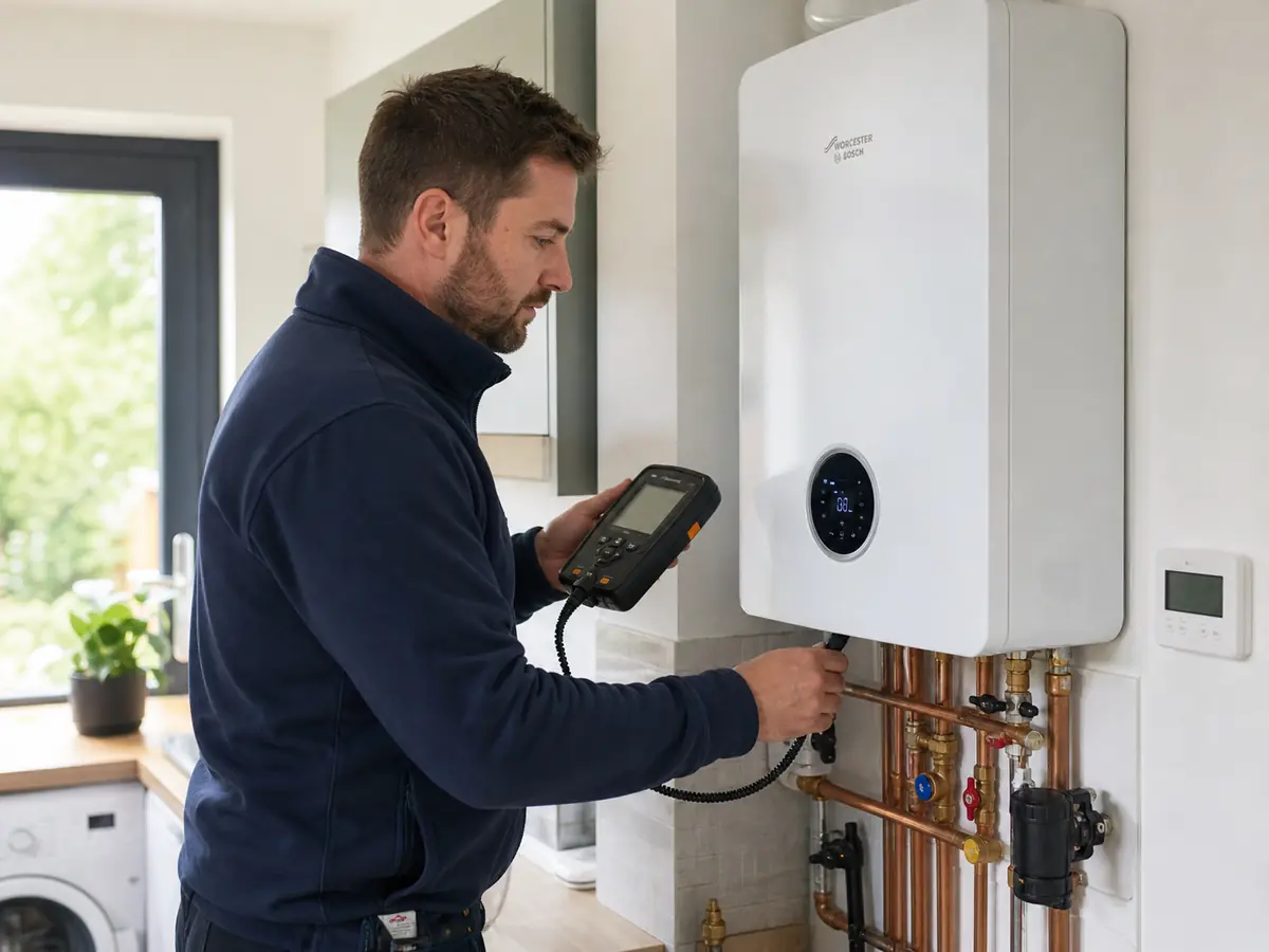 Commercial gas engineer checking a boiler in a modern kitchen.