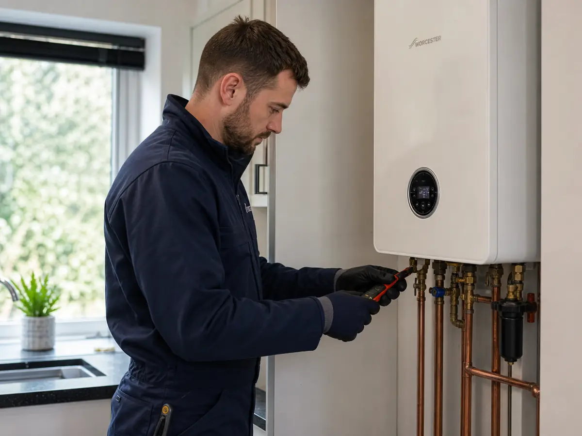 Commercial gas engineer inspecting gas appliance connections