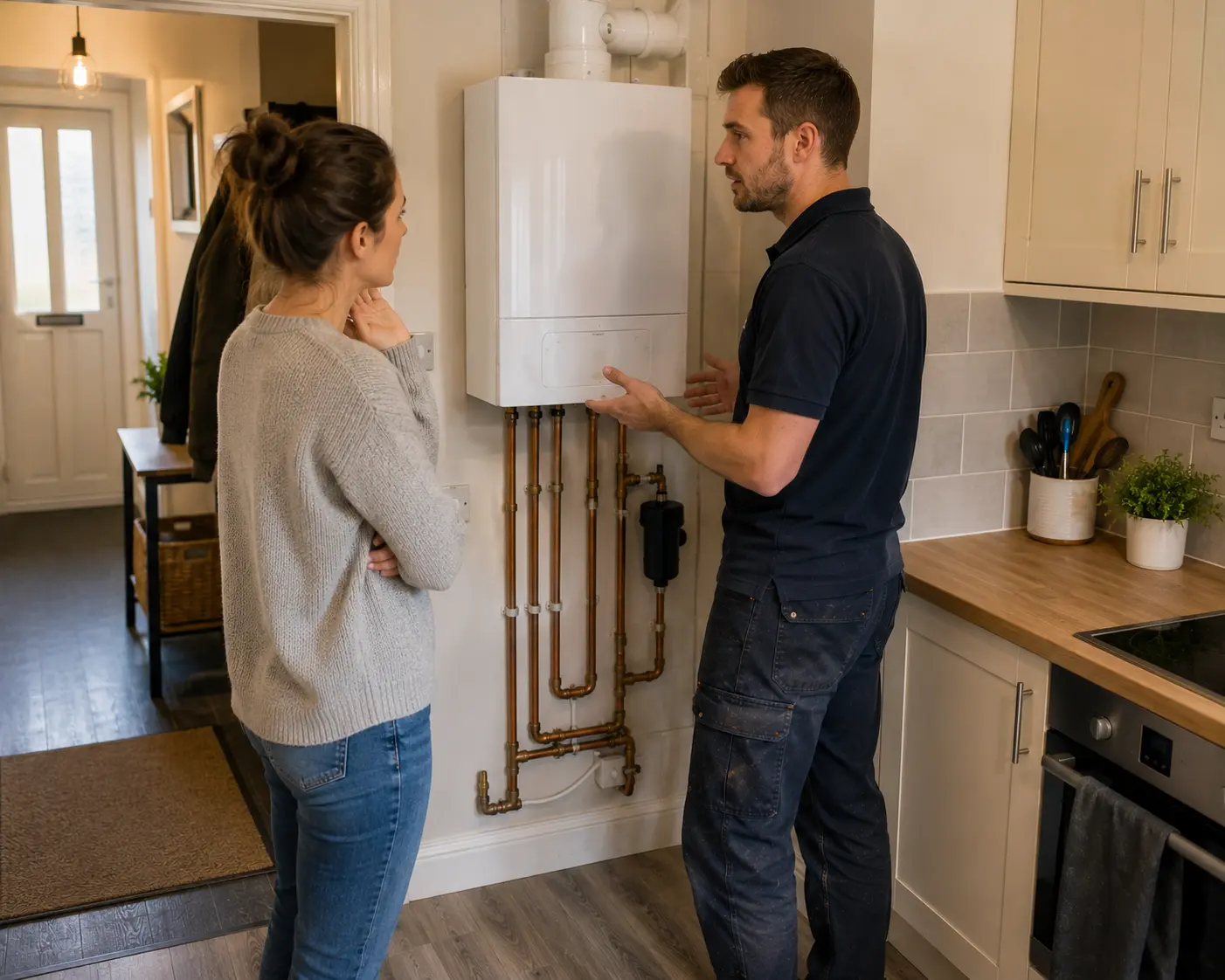 Commercial gas engineer consulting with a homeowner about a boiler