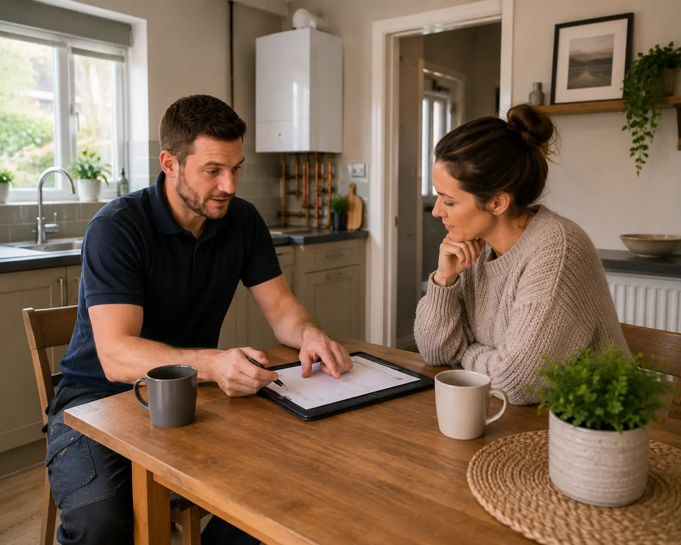 A commercial gas engineer discusses plans with a client in a kitchen.