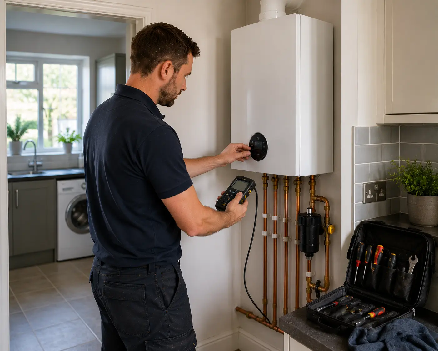 Gas engineer checking boiler controls in a modern kitchen