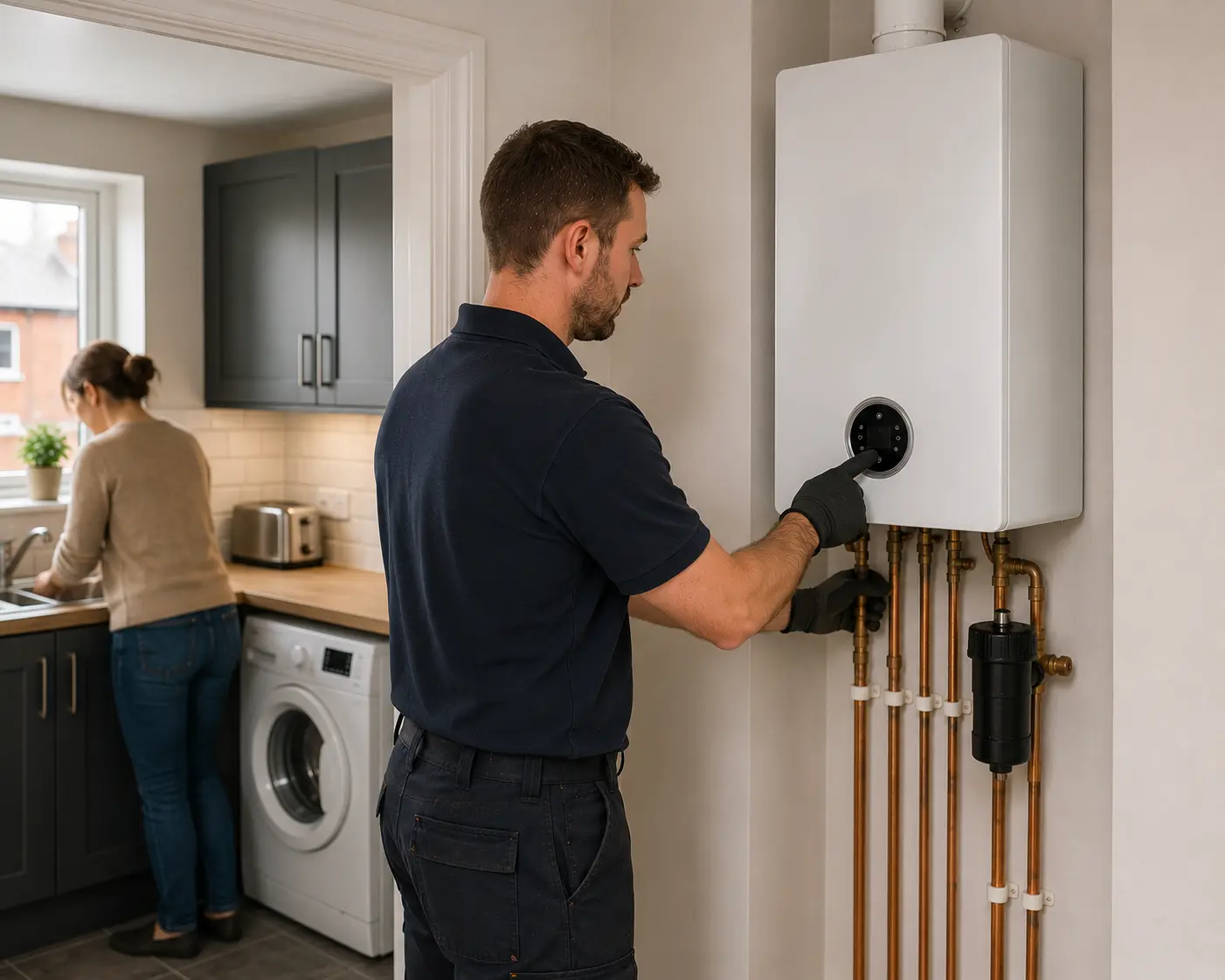Commercial gas engineer working on a boiler in a kitchen.