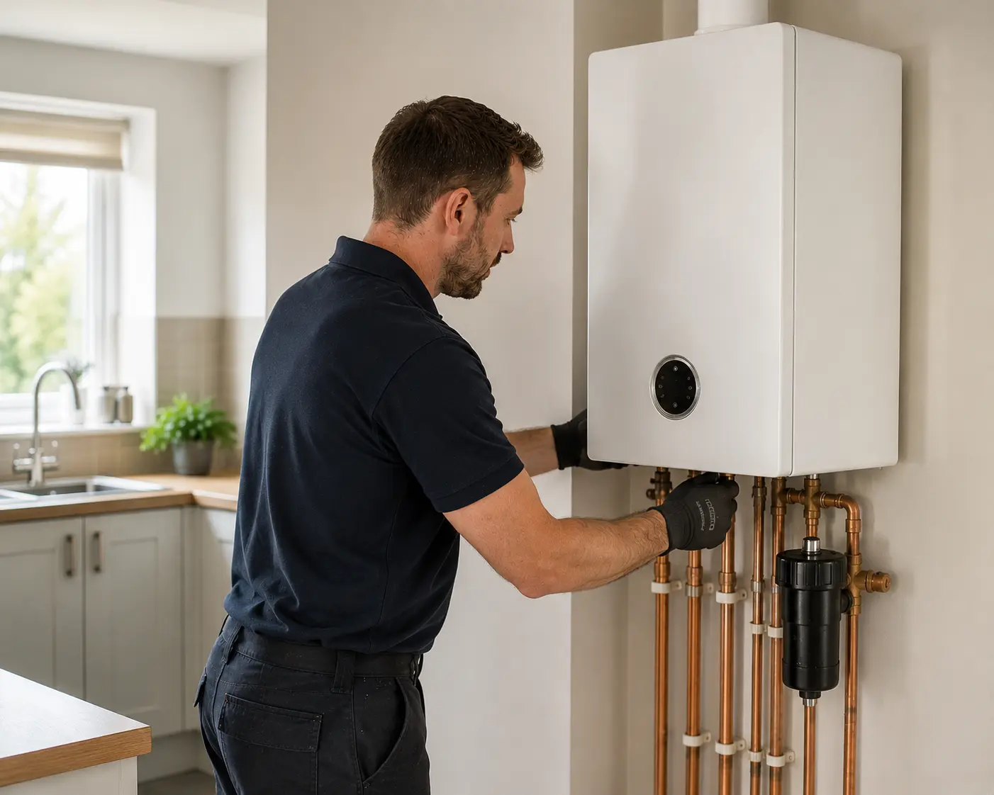 Commercial gas engineer servicing a boiler in a kitchen.