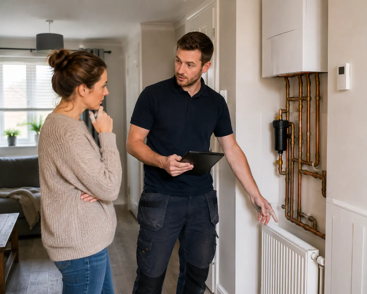 Commercial gas engineer discussing pipework with a client.