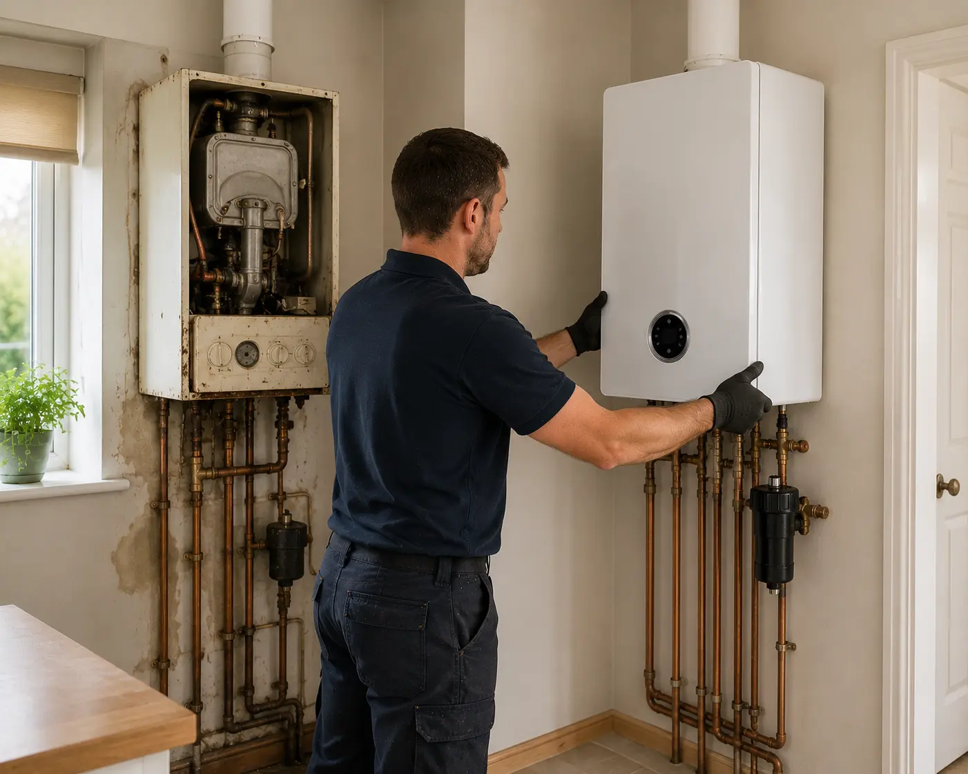 Commercial gas engineer handling a boiler installation in a home.