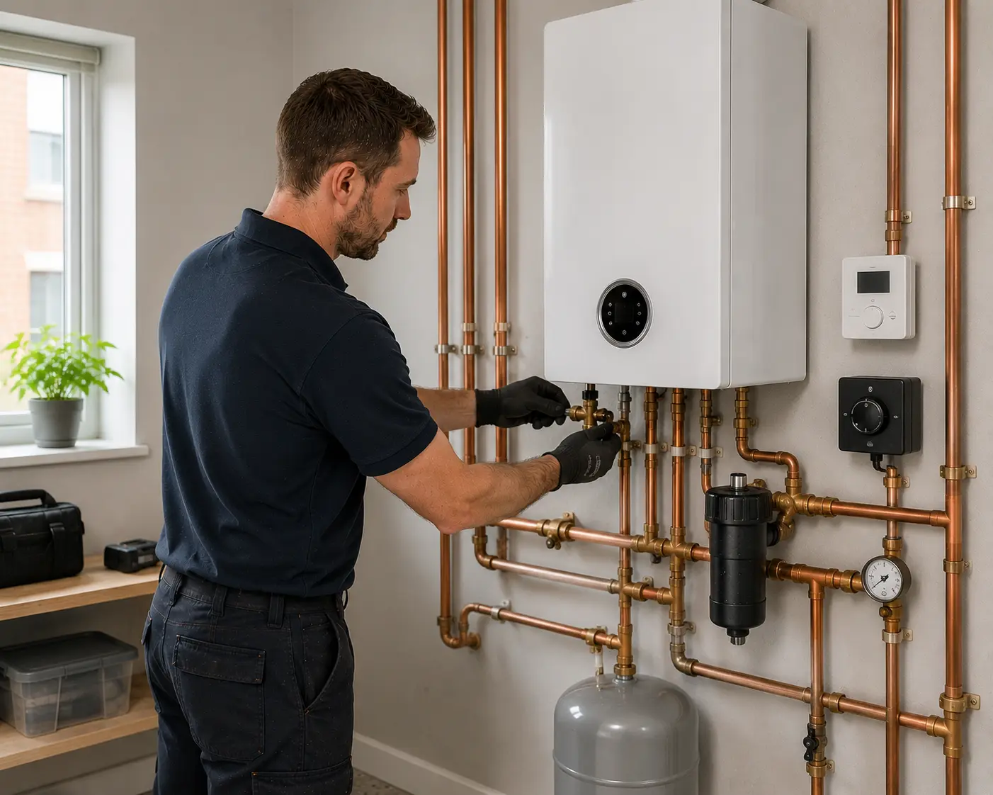 Gas engineer adjusting pipework and valves in a residential setting