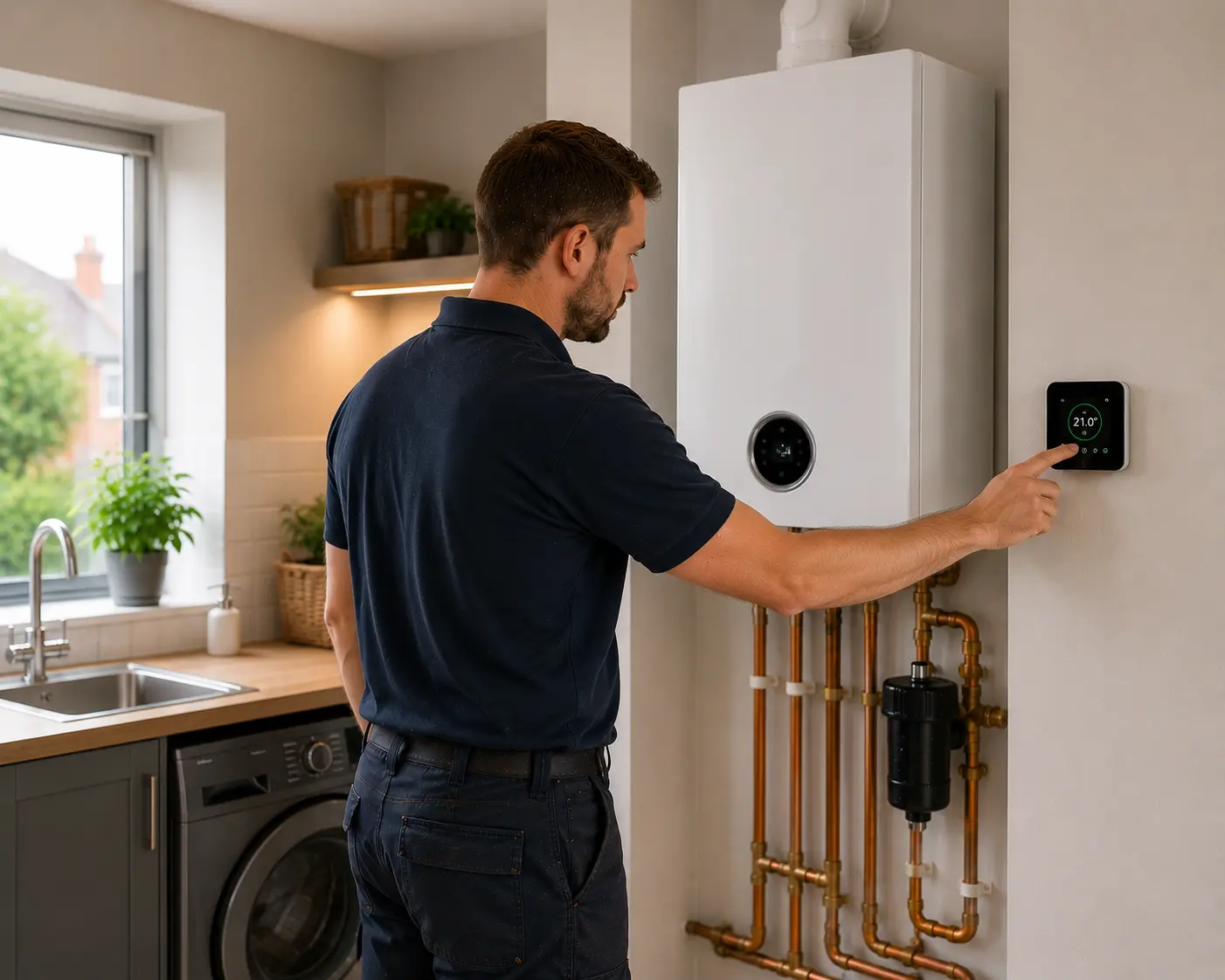 Commercial gas engineer operating a thermostat in a modern kitchen