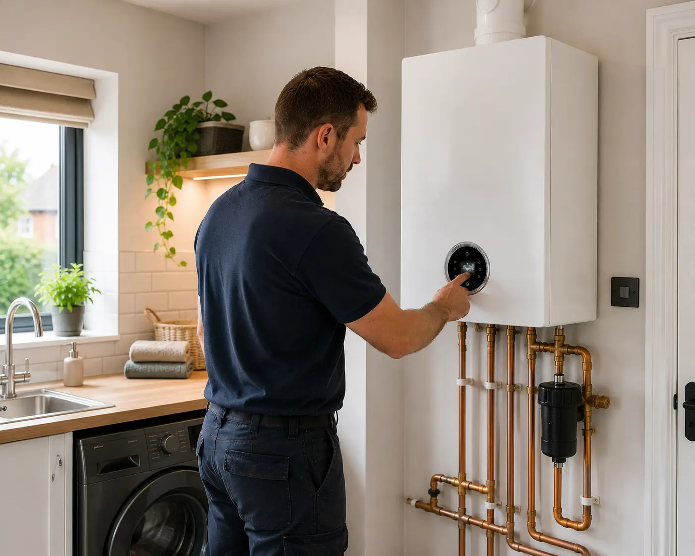 Commercial gas engineer operating a heating system in a kitchen.