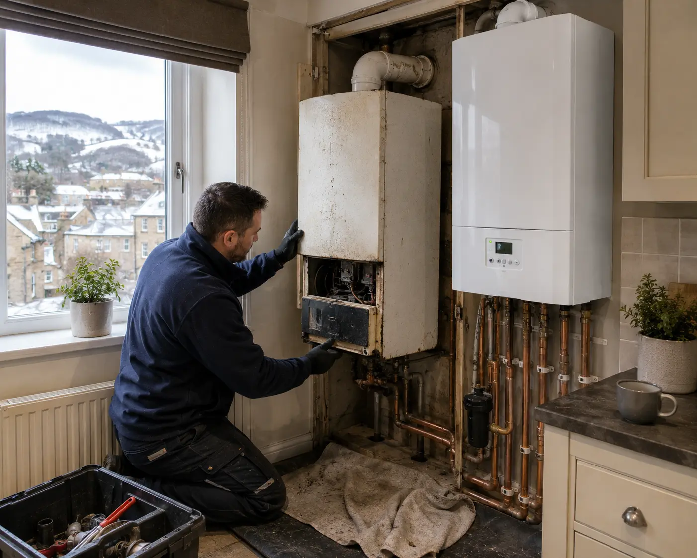 A commercial gas engineer servicing a boiler in a home.