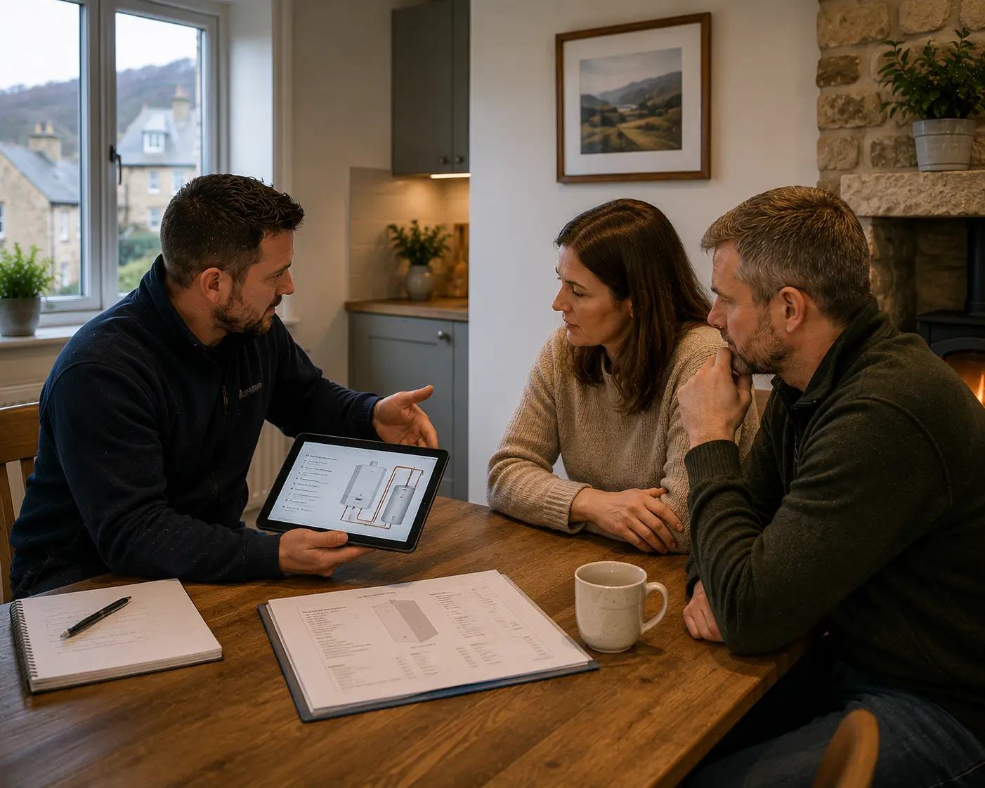 Commercial gas engineer discussing plans with clients at a table