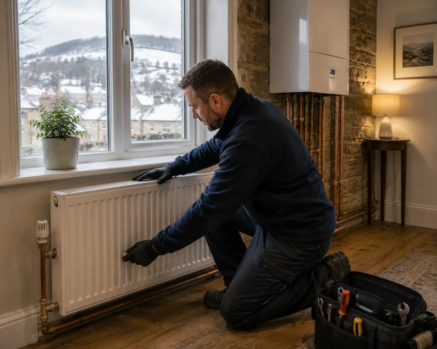 Commercial gas engineer adjusting a radiator in a residential setting