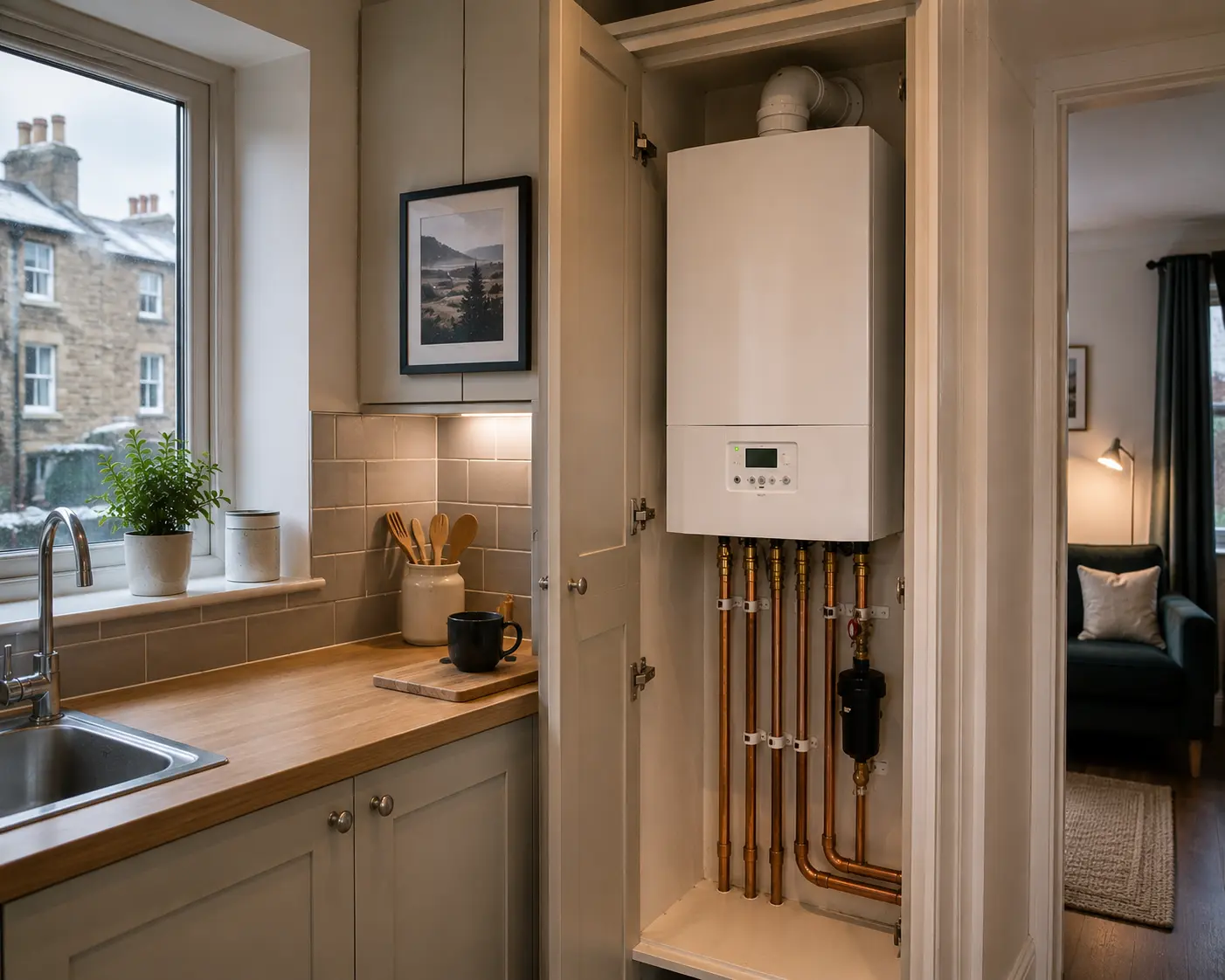 Gas boiler installed in a contemporary kitchen cabinet