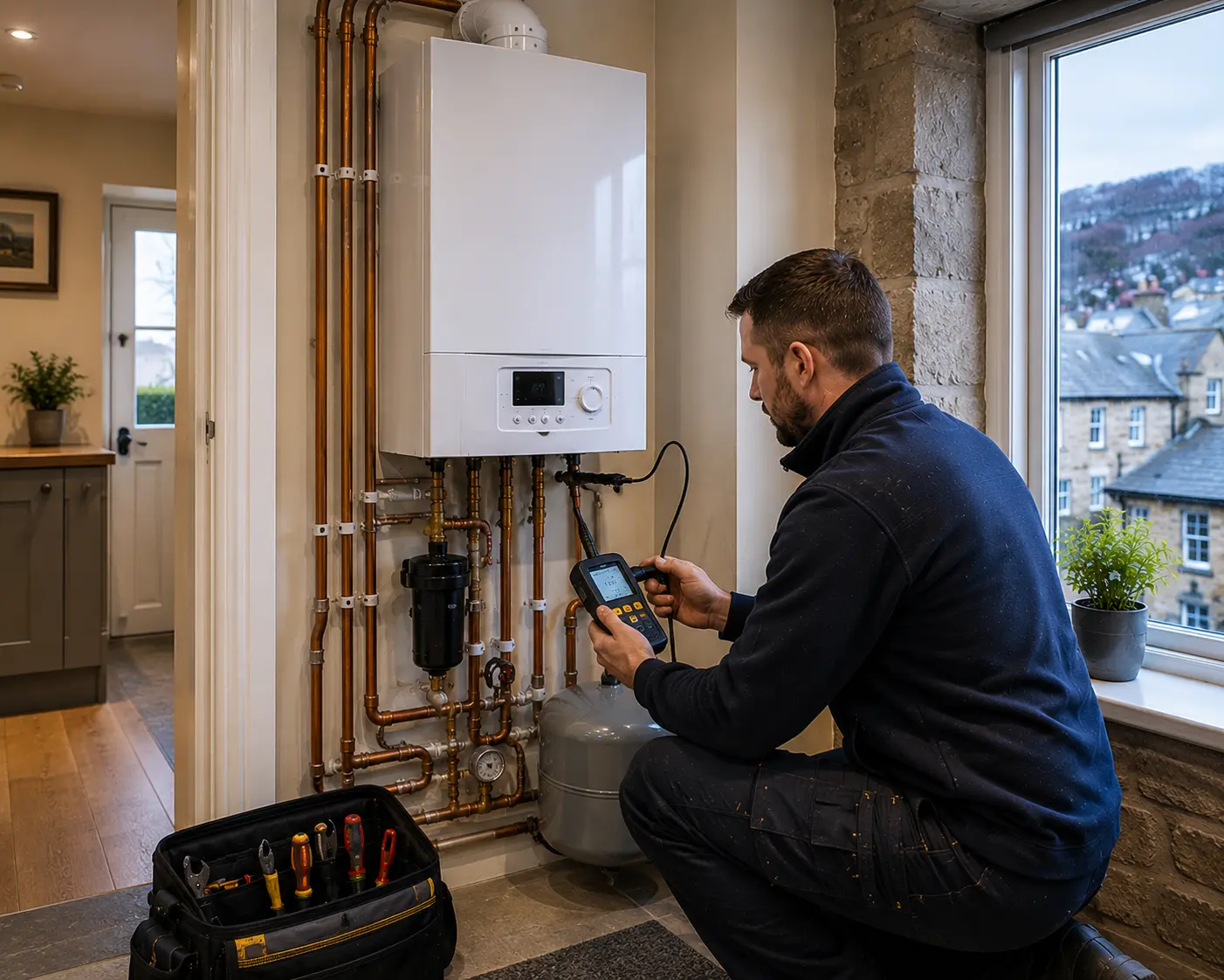 Commercial gas engineer checking a boiler with tools in a home