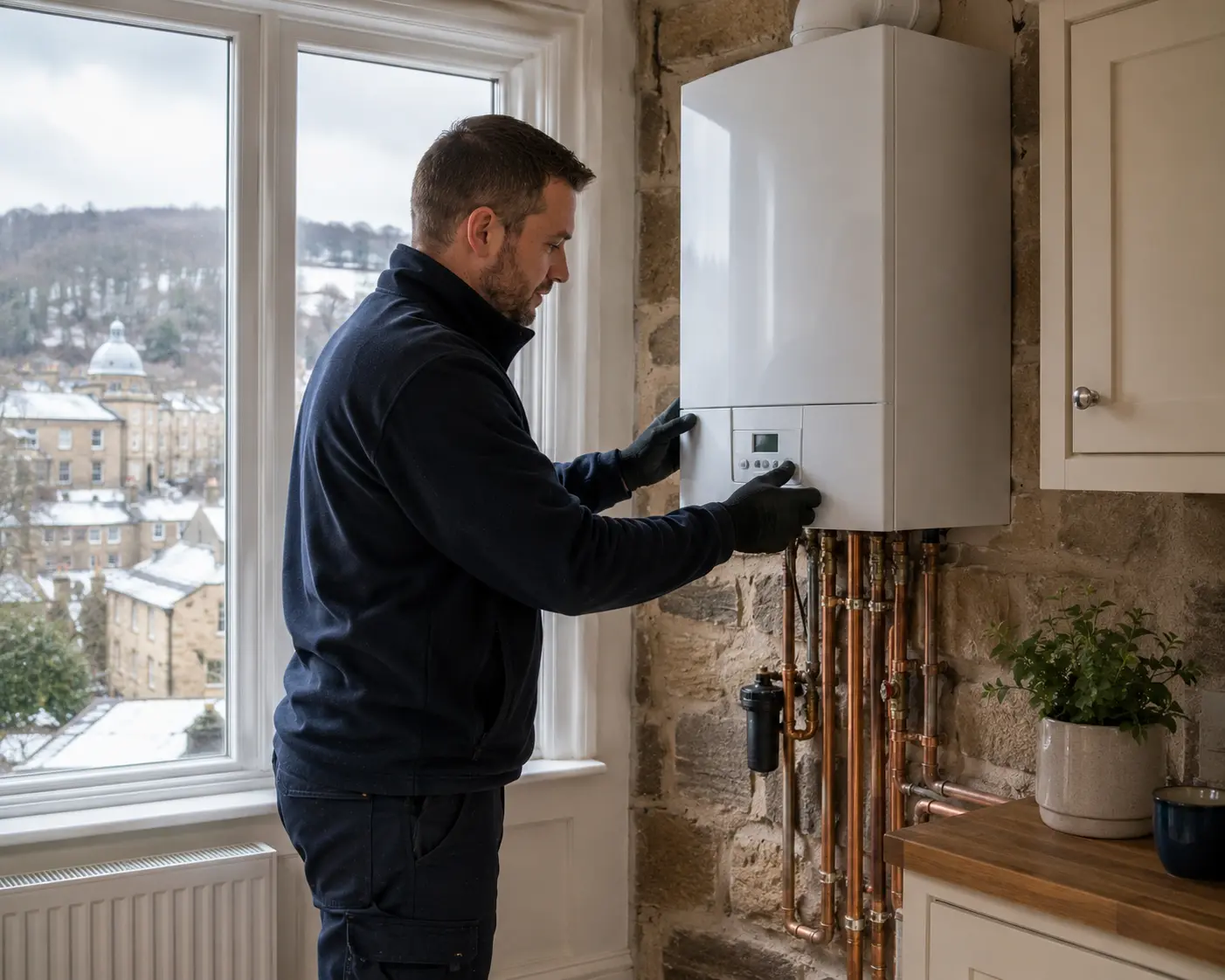 A commercial gas engineer adjusting a boiler in a modern kitchen.