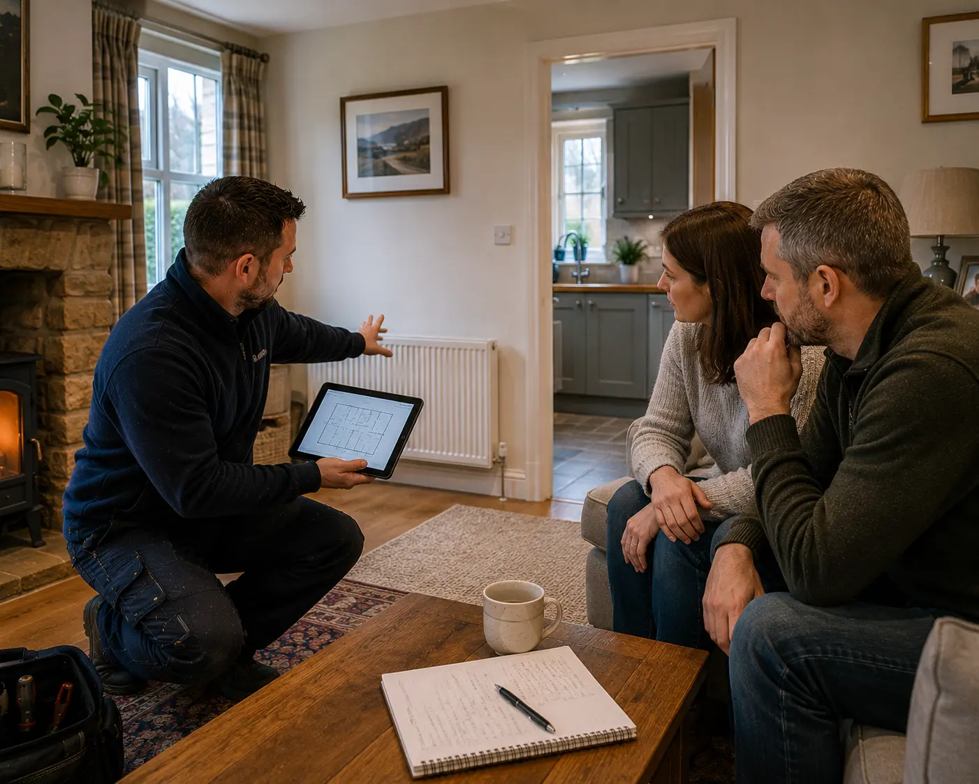Gas engineer explaining plans to clients in a cozy home setting.