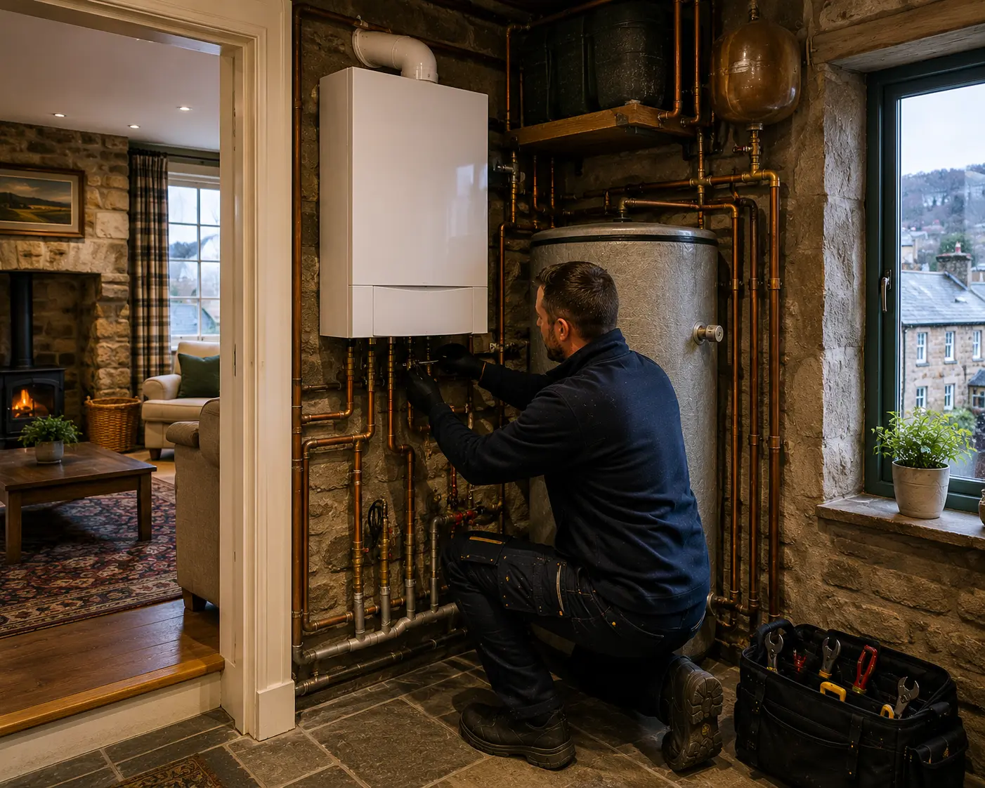 Commercial gas engineer servicing a boiler in a home setting