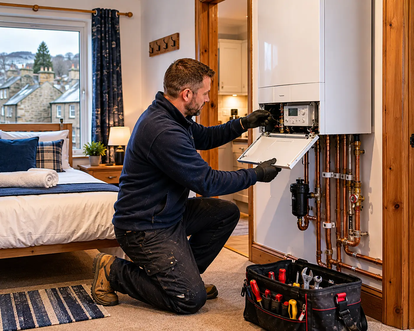 Commercial gas engineer servicing a boiler in a residential setting