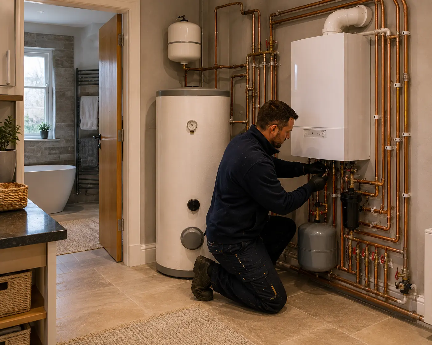 Gas engineer servicing a boiler and pipework in a modern kitchen.