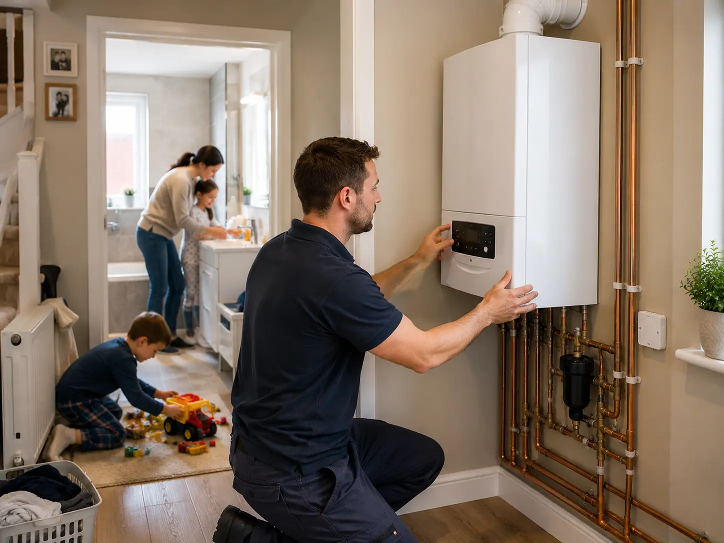 A commercial gas engineer adjusting a boiler in a home setting.