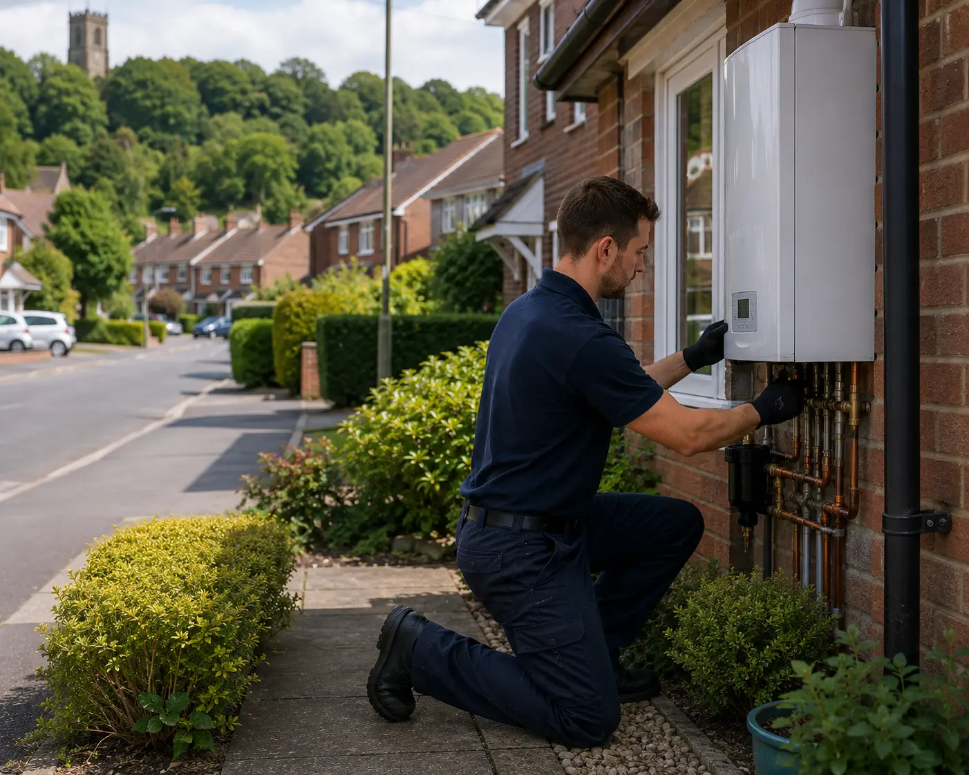A commercial gas engineer kneeling and servicing a gas boiler outside a home.