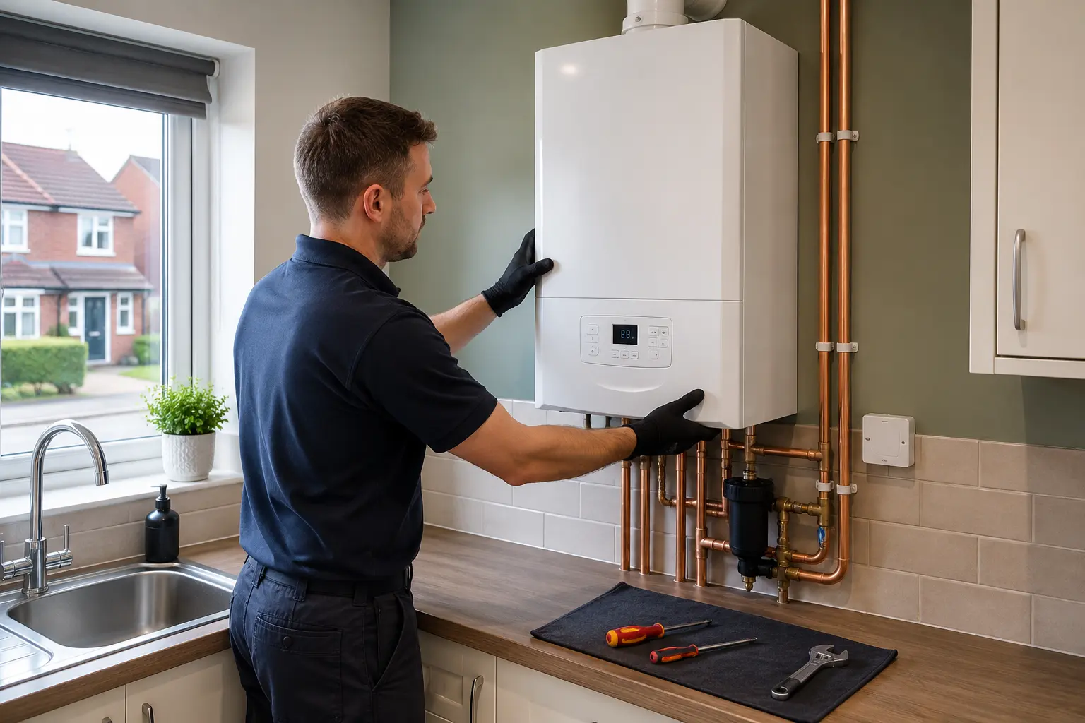 Commercial gas engineer adjusting a boiler in a kitchen.
