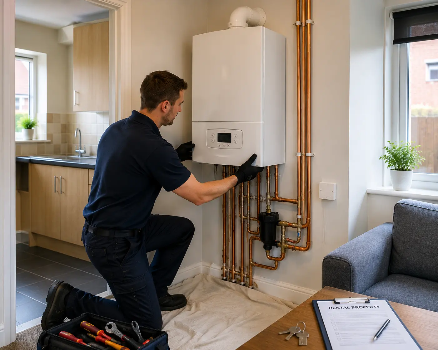 A commercial gas engineer servicing a boiler in a residential setting.