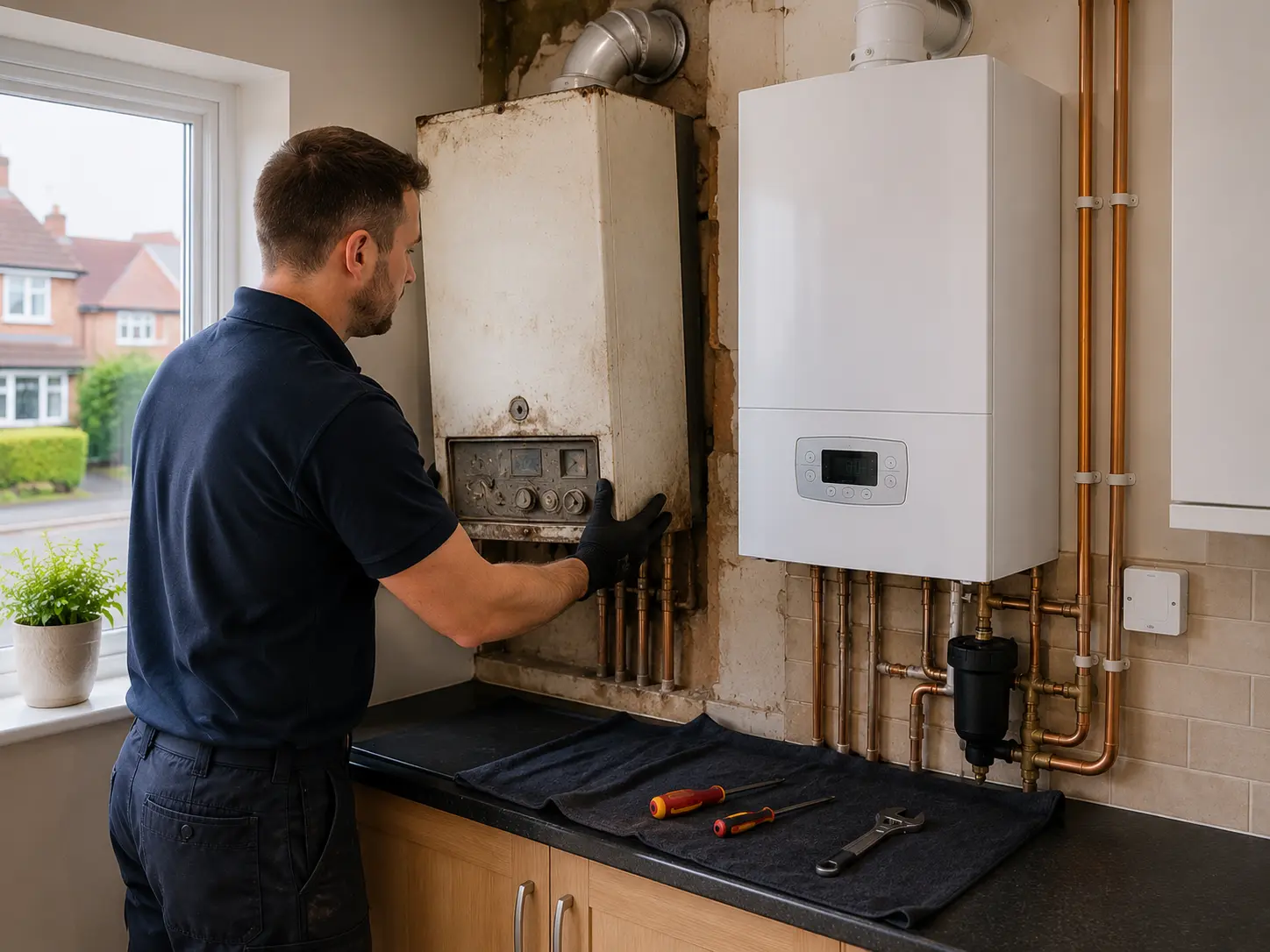 Commercial gas engineer inspecting an old boiler in a kitchen.